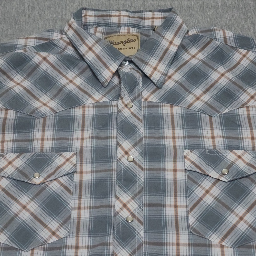Wrangler Western Shirt Mens 2XL Grey Brown Plaid Pearl Snap Short Sleeve